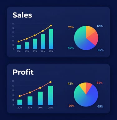 Business data dashboard showing sales and profit growth with colorful line graphs, bar charts, and pie charts.