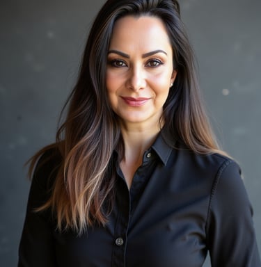 Beautiful middle eastern woman with long brown hair and a black button down shirt. Her name is LVF.