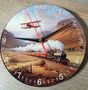 Sublimation glass clock. Railway, Biplane, art painting