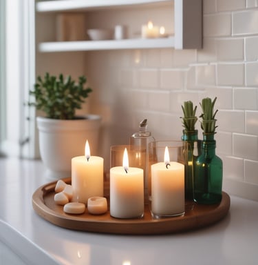 A cozy candle lit in a serene setting, showcasing its warm glow.