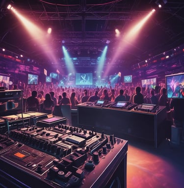 A multi-screen display showing various camera angles and views of a music or worship event. The screens include a live audience, performers on a stage, close-ups of a drummer, and a person speaking or singing. There are also overlay texts with labels such as 'ISO REC', 'Preview', and different camera numbers.