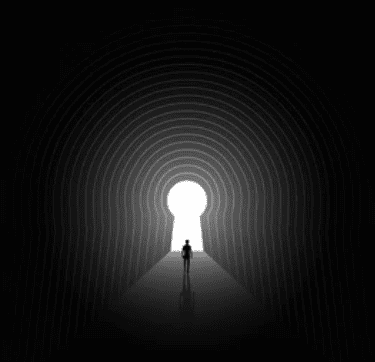 a person standing in a tunnel in a form of a lock with a light at the end of the tunnel
