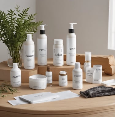 A serene arrangement of self-care candles and bath salts in soft nude tones with gentle lighting.