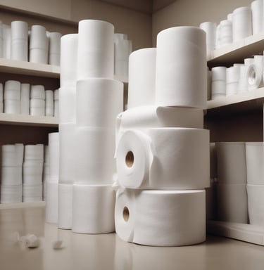 A person is smiling and holding two bottles of cleaning product in a store aisle. Behind them are various household items like detergents, hygiene products, and bath sponges displayed on shelves. The atmosphere appears cheerful and casual.