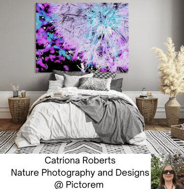Canvas print on a wall above  bed.