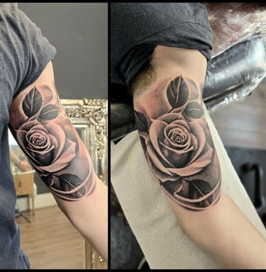 Black and grey realism rose tattoo