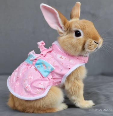 A fluffy brown rabbit is resting on a blue carpet inside a cage. The cage has a black metal frame, and there are toys and a light blue polka dot dish nearby. The setting appears cozy, with soft bedding and muted lighting.