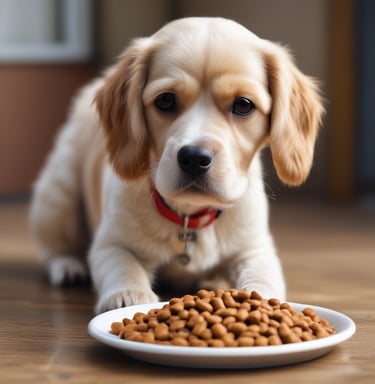 Two packages of pet milk substitute products are displayed, one for cats featuring a kitten, and one for dogs featuring a puppy. The packages are vibrant, with the cat product being blue and the dog product being blue and orange. A green plant leaf is partially visible on the left side of the image, with a soft beige background.