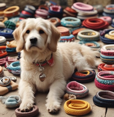 A pet store window display featuring various pet products such as scratching posts, pet food, and toys. The signage above the window has a playful design with colorful letters and a cat face within a letter. There is a poster on the door advertising a promotion. The weather appears overcast with some reflections on the wet pavement.