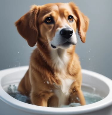 An assortment of pet toys and accessories arranged on a white background. Items include a rope chew toy, a blue feeding bowl filled with kibble, an orange football-shaped toy, a green spiky toy, a small rubber ball, a pair of grooming tools, and a colorful rubber knot ball.