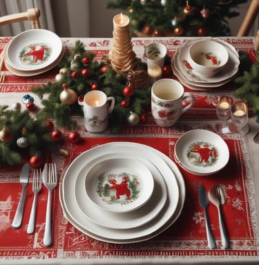 uma mesa com toalha de natal e pratos postos