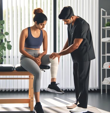 a woman in a sports bra top and a physiotherapist in scrubs