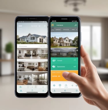A tall apartment building with a brown and yellow facade stands against a clear blue sky. In front of the building, a large palm tree casts a shadow across the structure. The building has multiple balconies and windows, with a 'for sale' sign displayed on one of the balconies.
