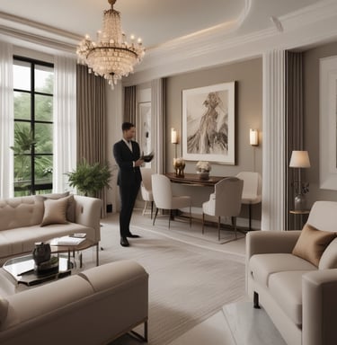 A tall apartment building with a brown and yellow facade stands against a clear blue sky. In front of the building, a large palm tree casts a shadow across the structure. The building has multiple balconies and windows, with a 'for sale' sign displayed on one of the balconies.