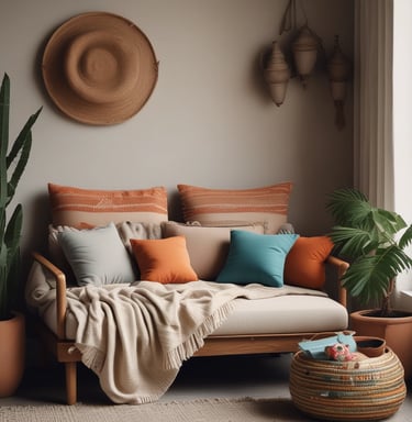 Decorative cotton items arranged on a handcrafted wooden shelf.