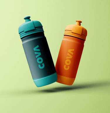 Two brightly colored water bottles that say COVA.
