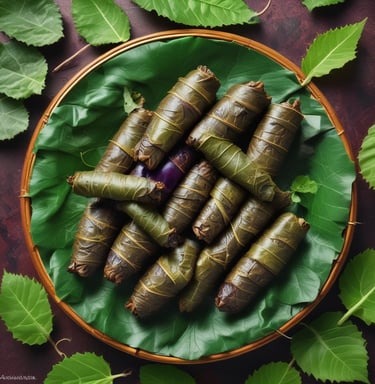 Armenian tolma wrapped in grape leaves, showcasing its vibrant green color.