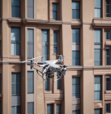 A drone is positioned on the floor of a large, dimly lit industrial warehouse. Its lights are glowing red, casting a warm glow on the concrete surface. The vast space features metal beams and scattered debris, with light filtering through high windows.
