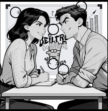 a man and woman sitting at a table with a clock