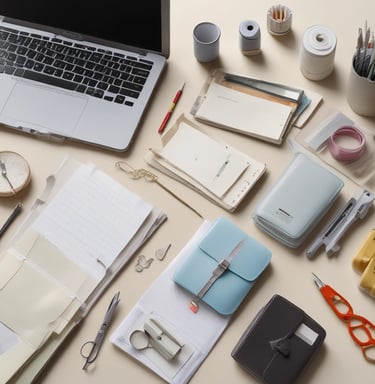 Organizational tools including minimalist desk trays, file holders, and planners arranged neatly.