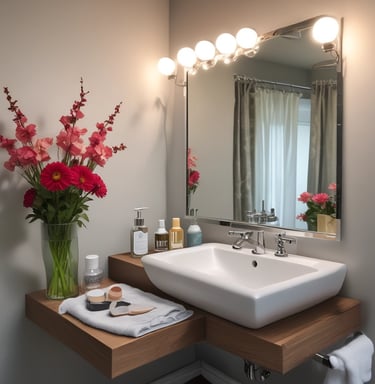 A bathroom featuring a  countertop with a white sink and chrome faucet, a large mirror reflecting the room, and various toiletries including a can and several packets on a tray. In the background, there is a bathtub with a showerhead and a towel draped over the edge. A floral arrangement is placed on the left side near a tiled wall.