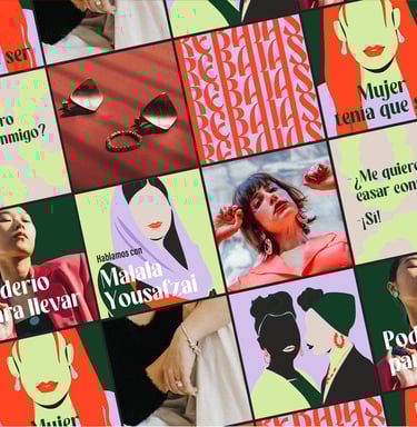 Collage de publicaciones en Instagram de Femme Era, mostrando la estética visual y mensajes feministas de la marca en redes s