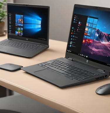 A sleek laptop open on a wooden desk with soft natural light highlighting its slim design.