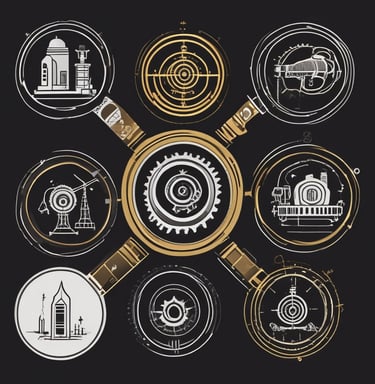 Black background with four large gold circles horizontally aligned, each containing a black icon: magnifying glass, light bulb, rocket, and medal, connected by a thin gold horizontal line.
