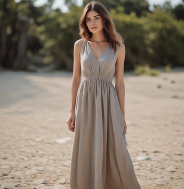 A flowing maxi dress in rich ivory fabric, styled with subtle gold embroidery along the neckline.