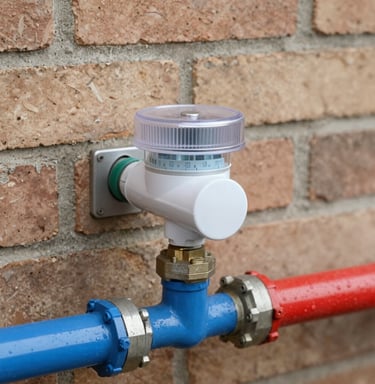 Various water installation fittings displayed on a light grey background with a subtle glass texture.
