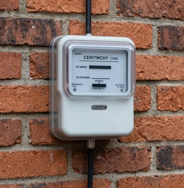Gray waterproof electrical junction box mounted on a red brick wall with conduit wiring.