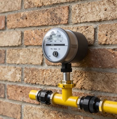 Modern gas installation pipes and connectors arranged on a sleek glass panel with soft lighting.