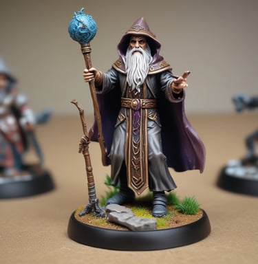 A detailed fantasy warrior miniature ready for 3D printing, posed dynamically with intricate armor and weaponry.