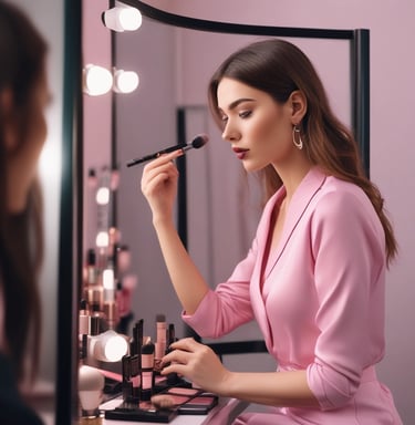 A vibrant flat lay of colorful makeup brushes and palettes on a soft pink background.