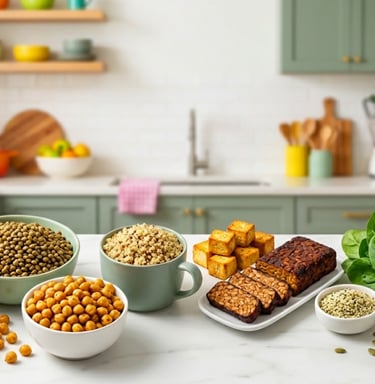 A variety of plant-based protein sources including lentils, chickpeas, quinoa, tofu, and tempeh on a kitchen counter.