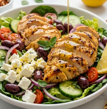 Grilled chicken Greek salad with feta cheese, olives, and olive oil dressing being poured over the top.