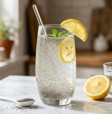 Refreshing glass of healthy chia seed water with lemon slices and fresh mint on a marble kitchen counter.
