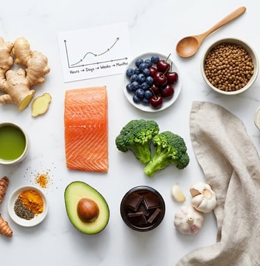 Flat lay of anti-inflammatory superfoods including salmon, broccoli, ginger, and turmeric for a healthy diet.