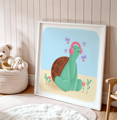 Affiche décoration chambre enfant, tortue qui écoute de la musique