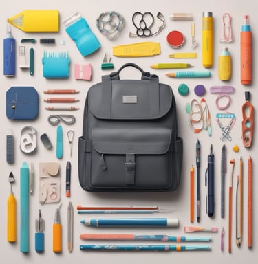 Brightly colored notebooks, pens, and pencils artistically arranged on a desk.