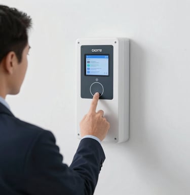 A sleek smart home automation panel with illuminated touch controls on a kitchen wall.