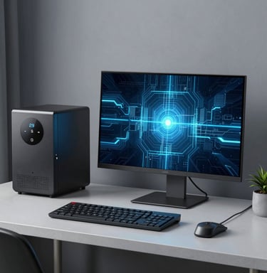 A collection of computer accessories including keyboards, mice, and external drives on a clean desk.