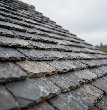 Close-up of weathered Welsh slate roof tiles under soft overcast daylight, architectural texture, clean diagonal lines.