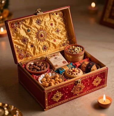 A magnificent South Asian festival gift hamper featuring beautifully crafted Diwali shagun boxes and gourmet treats, bathed in warm, glowing festive candlelight.
