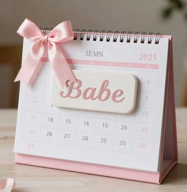 A luxury baby milestone calendar next to a soft customized name plaque, decorated with elegant ribbons in a soft pastel pink setting. Warm natural light.