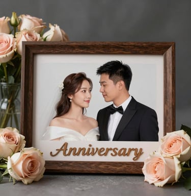 An elegant anniversary couple frame with personalized wooden engraving, surrounded by soft pastel rose arrangements. Premium studio lighting, sophisticated look.