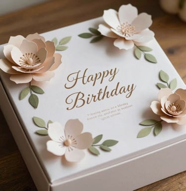 A gorgeous, close-up of a multi-layered birthday explosion box decorated with delicate paper craft flowers and elegant handwritten quotes. Warm natural light, highly sophisticated aesthetic.