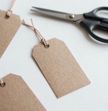 A cozy crafting scene featuring colorful tags made from textured paper scattered beside a pair of vintage scissors and thread spools.