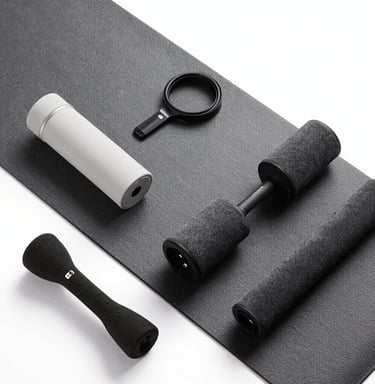 A display of various fitness accessories and equipment neatly arranged on a wooden shelf.