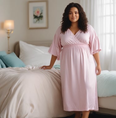 Cozy nightwear set in soft beige tones, draped elegantly on a plus-size model relaxing at home.